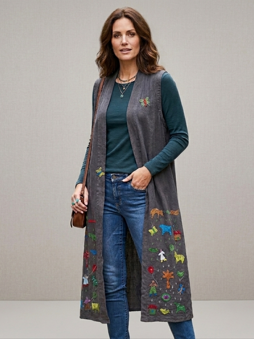 Sacred Threads | Embroidered Artsy Long Line Duster Cardigan Vest Lagenlook S